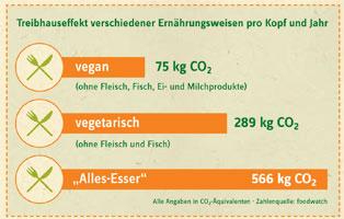 Grafik zum Treibhauseffekt verschiedener Ernährungsweisen pro Kopf und Jahr